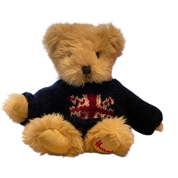 Vintage Harrod’s Plush 8” Seated Beige Teddy Bear Union Jack Flag Sweater - Picture 1 of 5